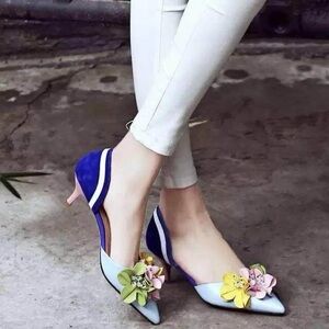 Floral Embellished Blue and Pink Women's Shoes